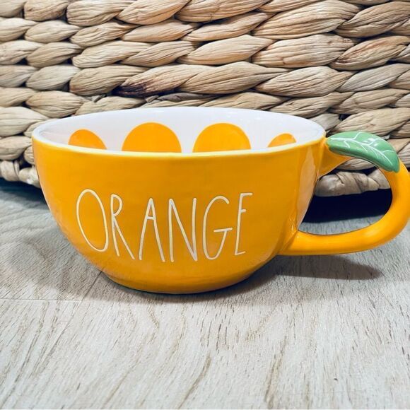 NWT Set of 2,Gorgeous Rae Dunn ORANGE Glossy Ceramic Mugs Set with leaf handle - Picture 14 of 17